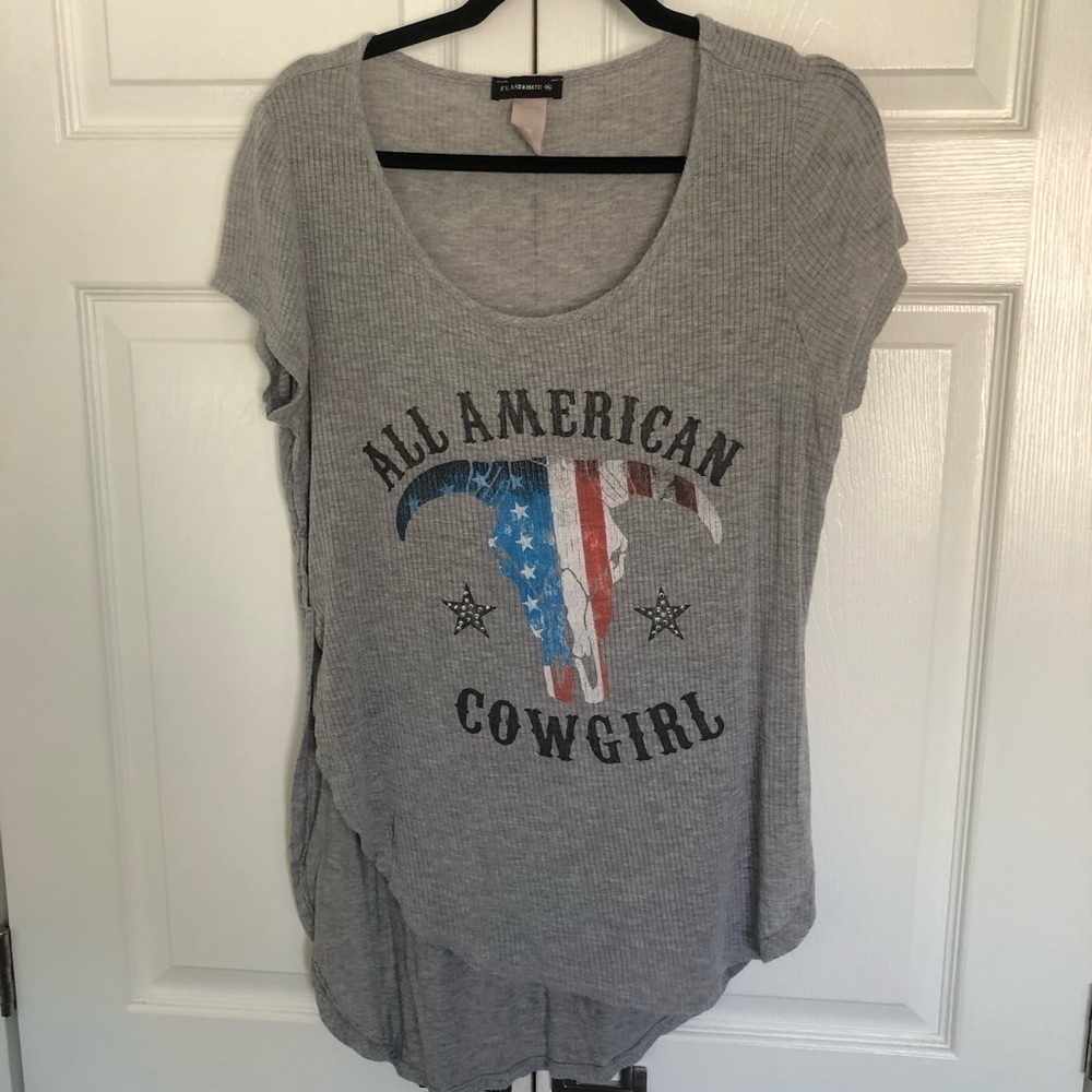Grey All American Cowgirl Flag Bullhead High Low Tunic T Shirt Size XL